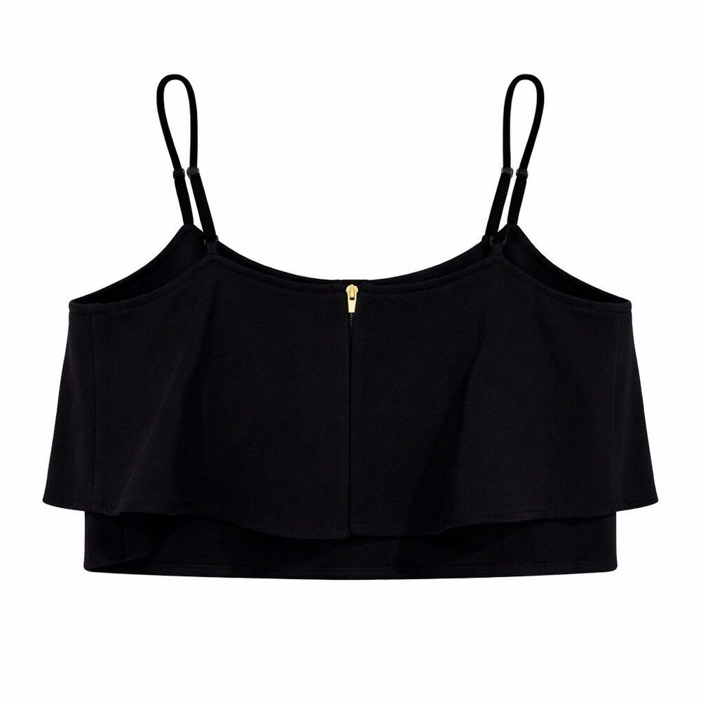 Black Ruffle Crop Top Cami Strappy Fitted Coquette Going Out Y2K Minimalist CBK - Picture 3 of 4